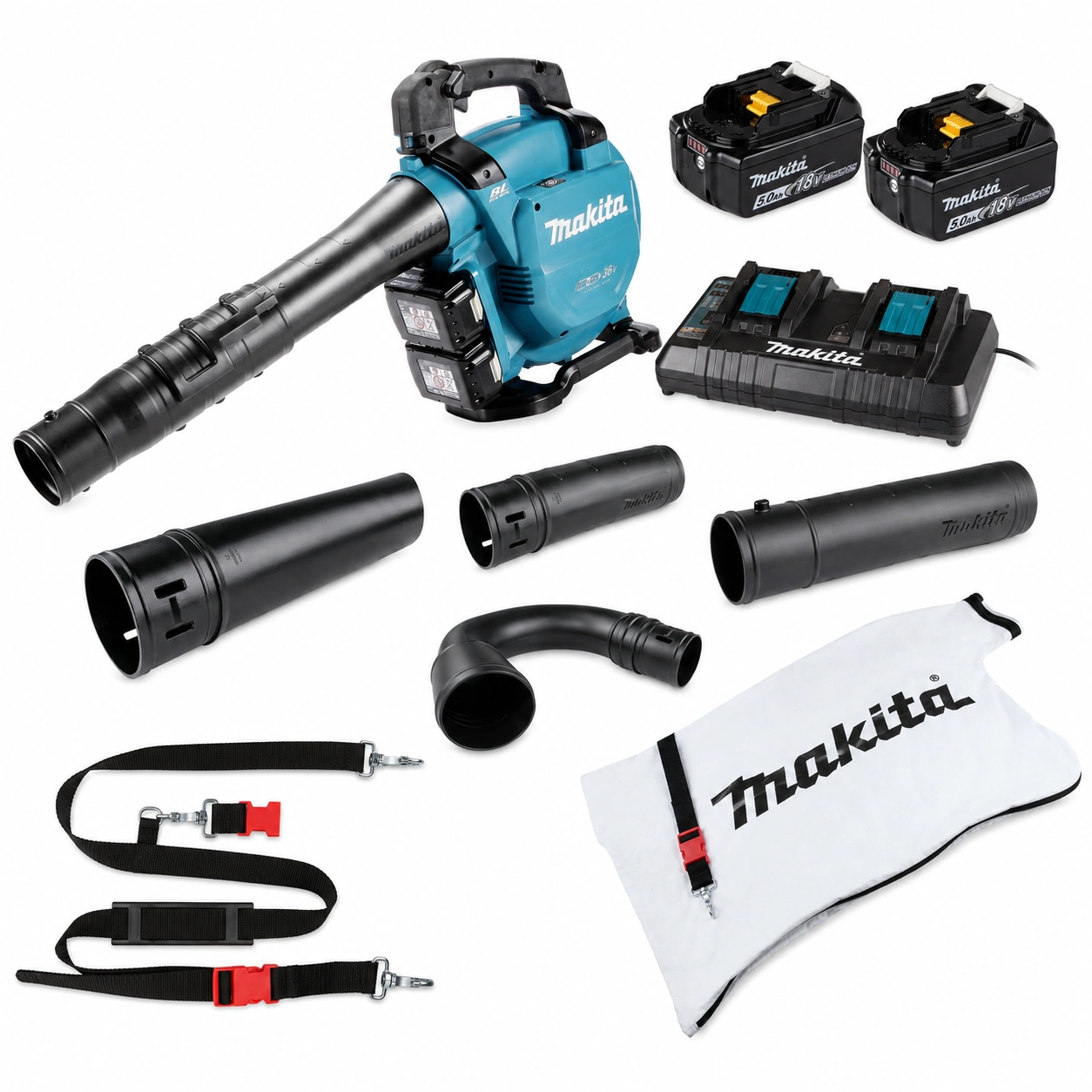Makita DUB363PT2V – zawartość zestawu z dwoma BL1850B, ładowarką DC18RD i kompletem do odkurzania