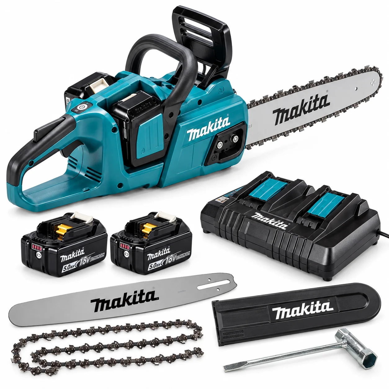 Makita DUC355PT2 – pilarka łańcuchowa z dwoma akumulatorami BL1850B i ładowarką DC18RD