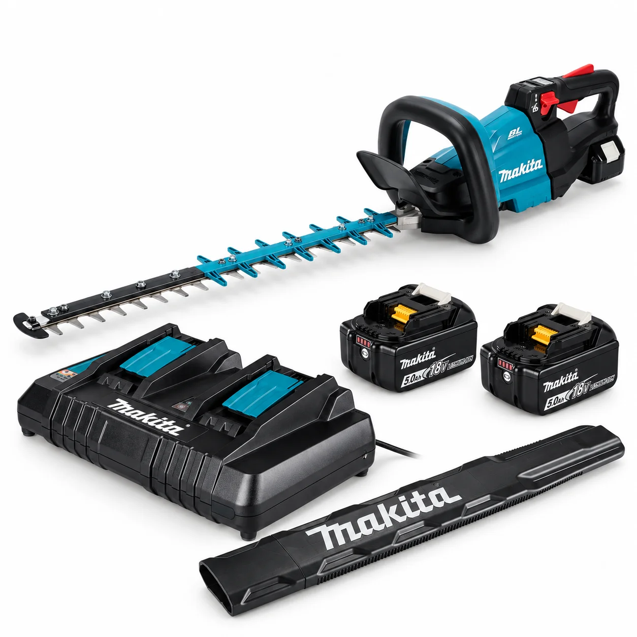 Makita DUH601PTE – zawartość zestawu z dwoma akumulatorami BL1850B i ładowarką DC18RD