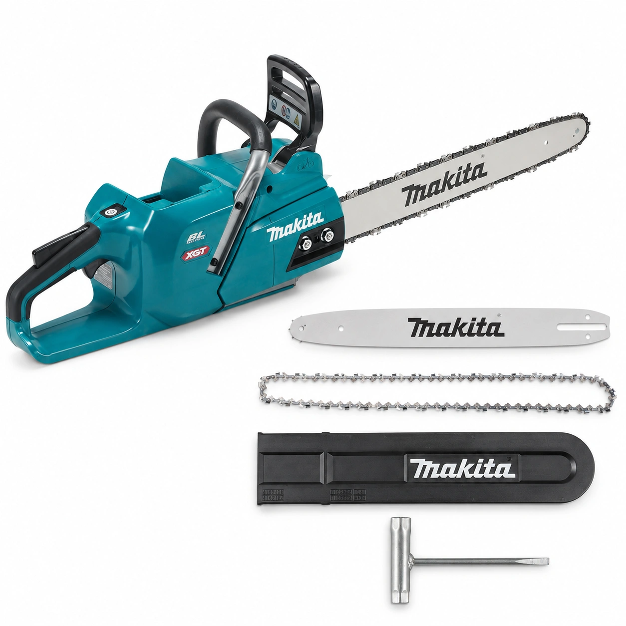 Zawartość zestawu Makita UC013GZ z prowadnicą 45 cm, łańcuchem 80TXL, osłoną prowadnicy i kluczem