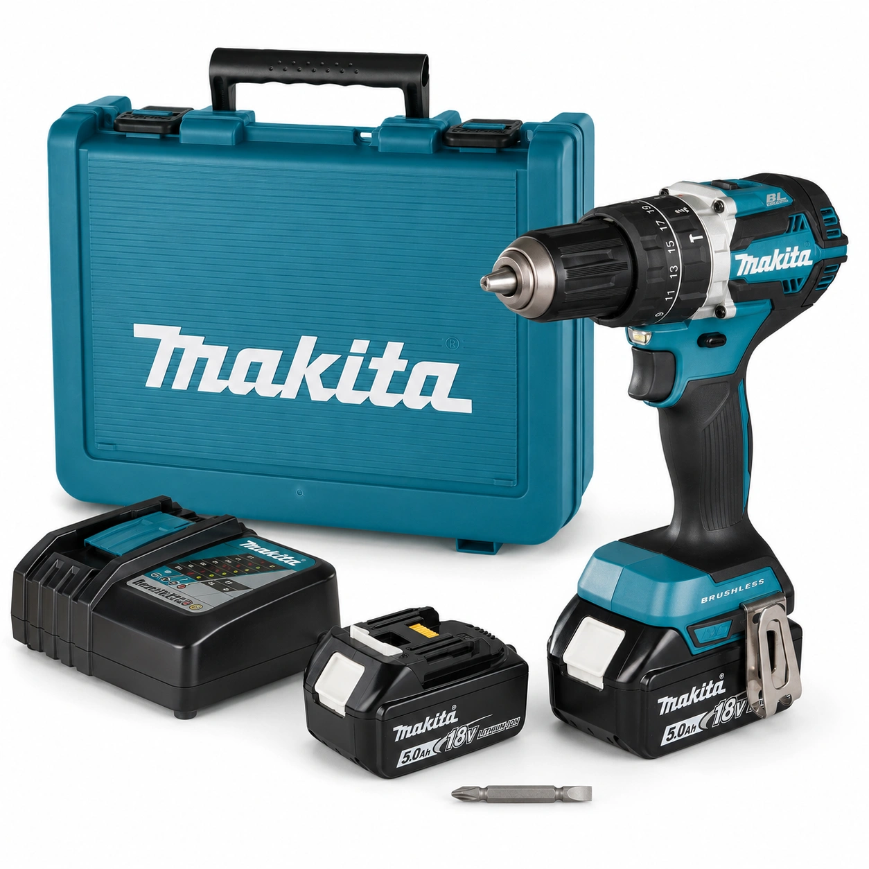 Makita DHP484RTE – zawartość zestawu z dwoma akumulatorami BL1850B, ładowarką DC18RC i walizką transportową