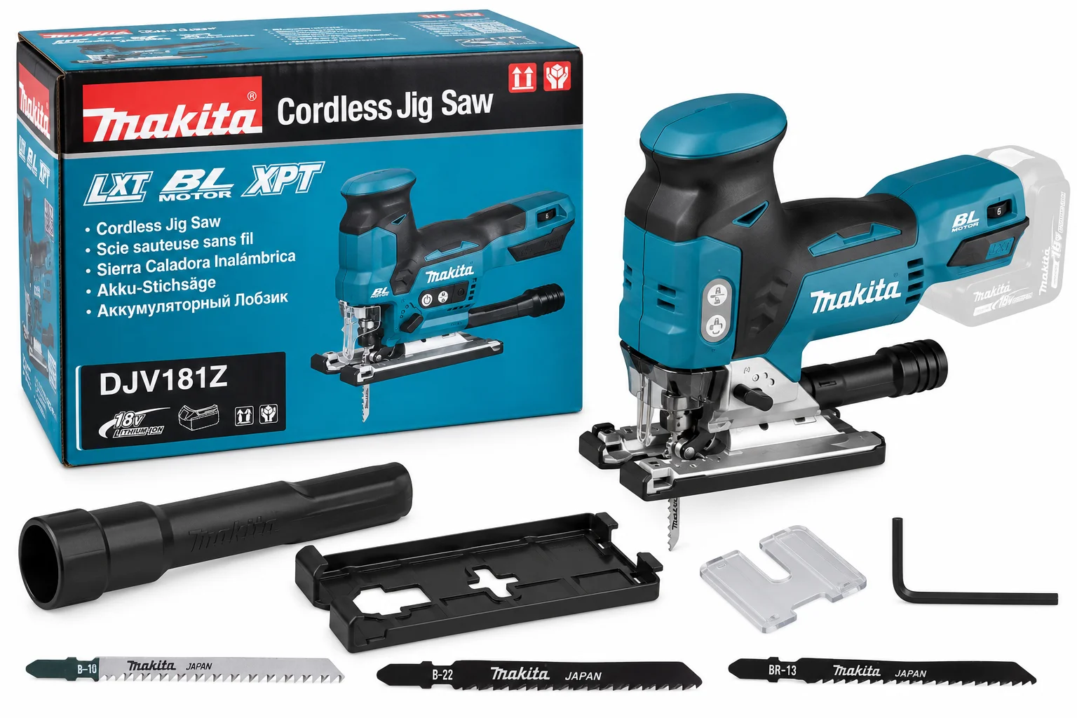 Makita DJV181Z – oferowana wyrzynarka, oryginalny karton, trzy brzeszczoty, króciec odsysania, płyta pokrywy, zabezpieczenie i klucz imbusowy