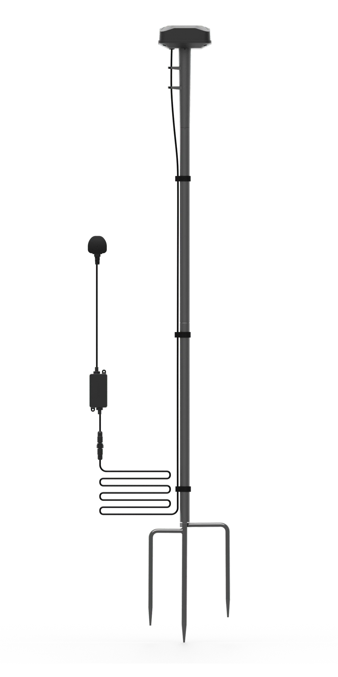 W zestawie: antena, słupek anteny, trójząb do wbicia w ziemię, zasilacz anteny, opaski mocujące oraz śrubki