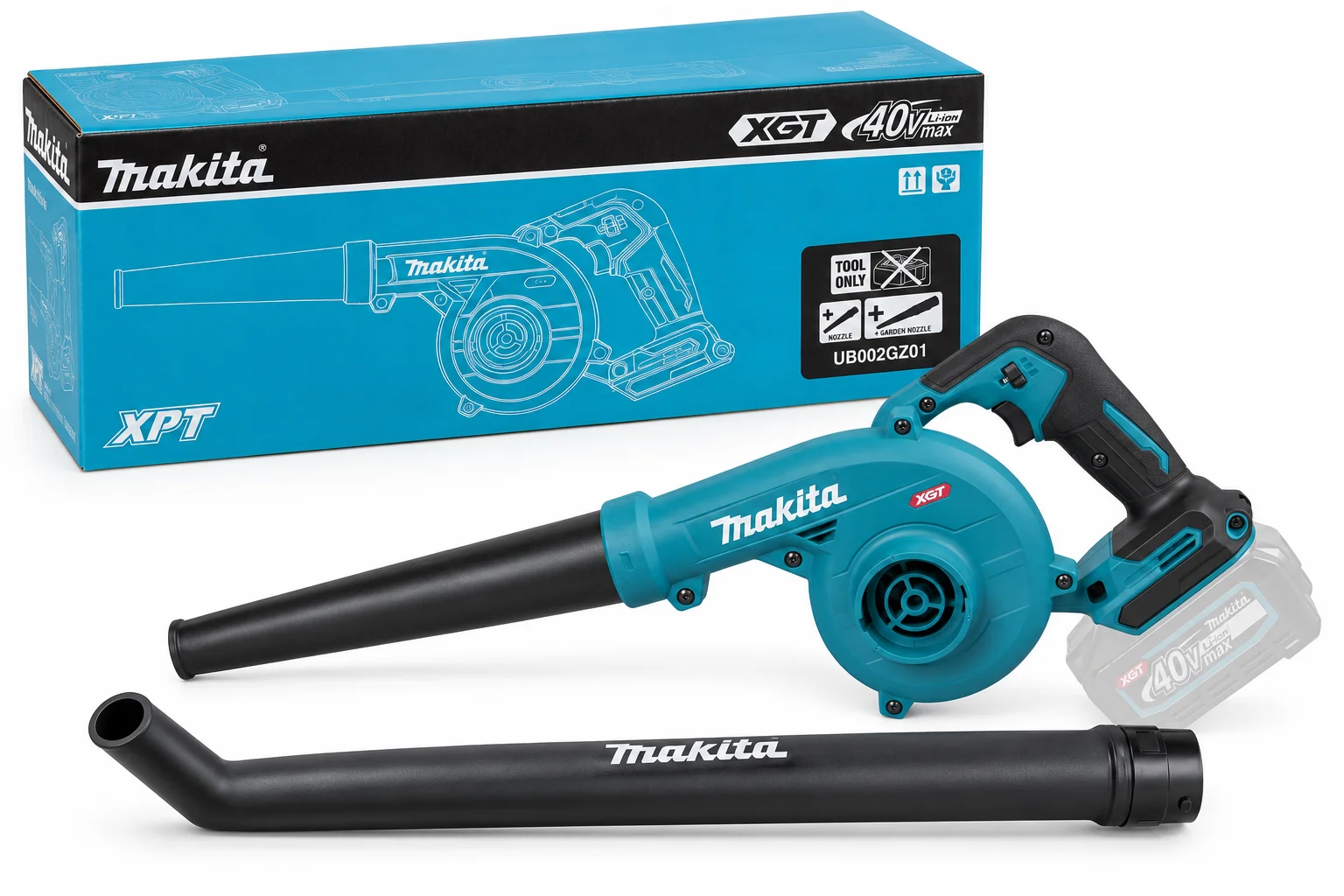 Makita UB002GZ01 – fotografia zawartości kompletu: dmuchawa, ssawka, dysza wydmuchu i fabryczny karton; półprzezroczysty akumulator jest poglądowy