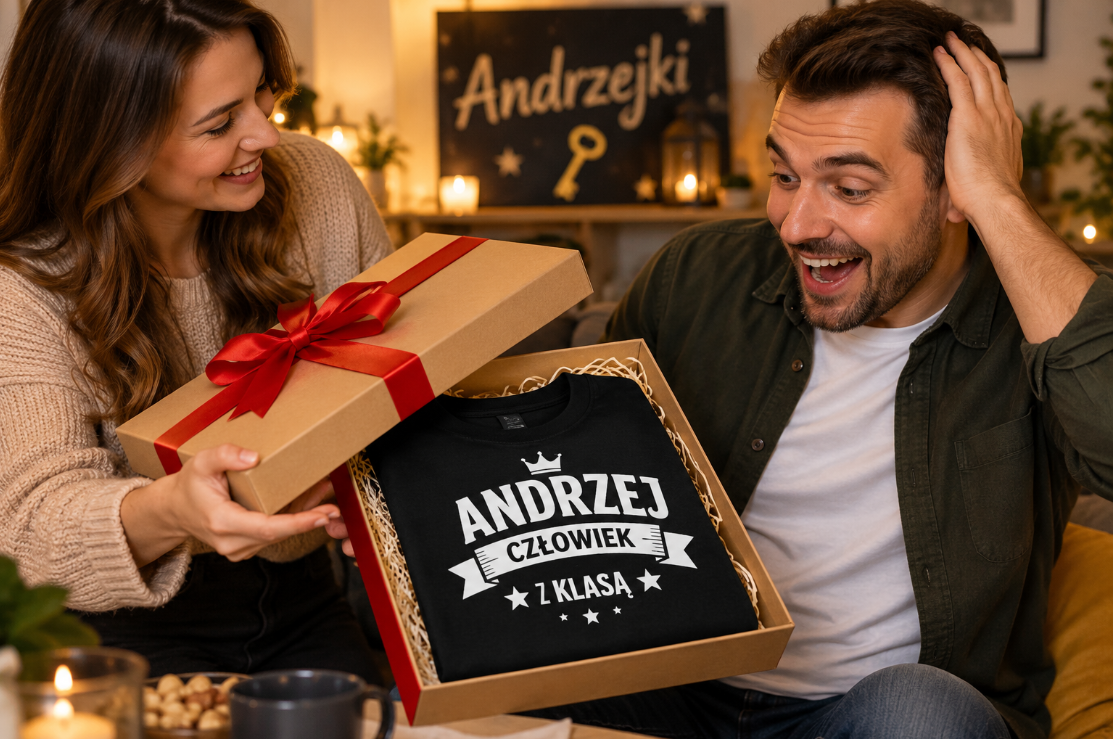 Prezent na Andrzejki – wręczanie koszulki dla Andrzeja z zabawnym nadrukiem
