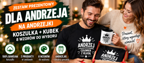 Prezent na Andrzejki – wręczanie zestawu z czarną koszulką i kubkiem z imieniem Andrzej